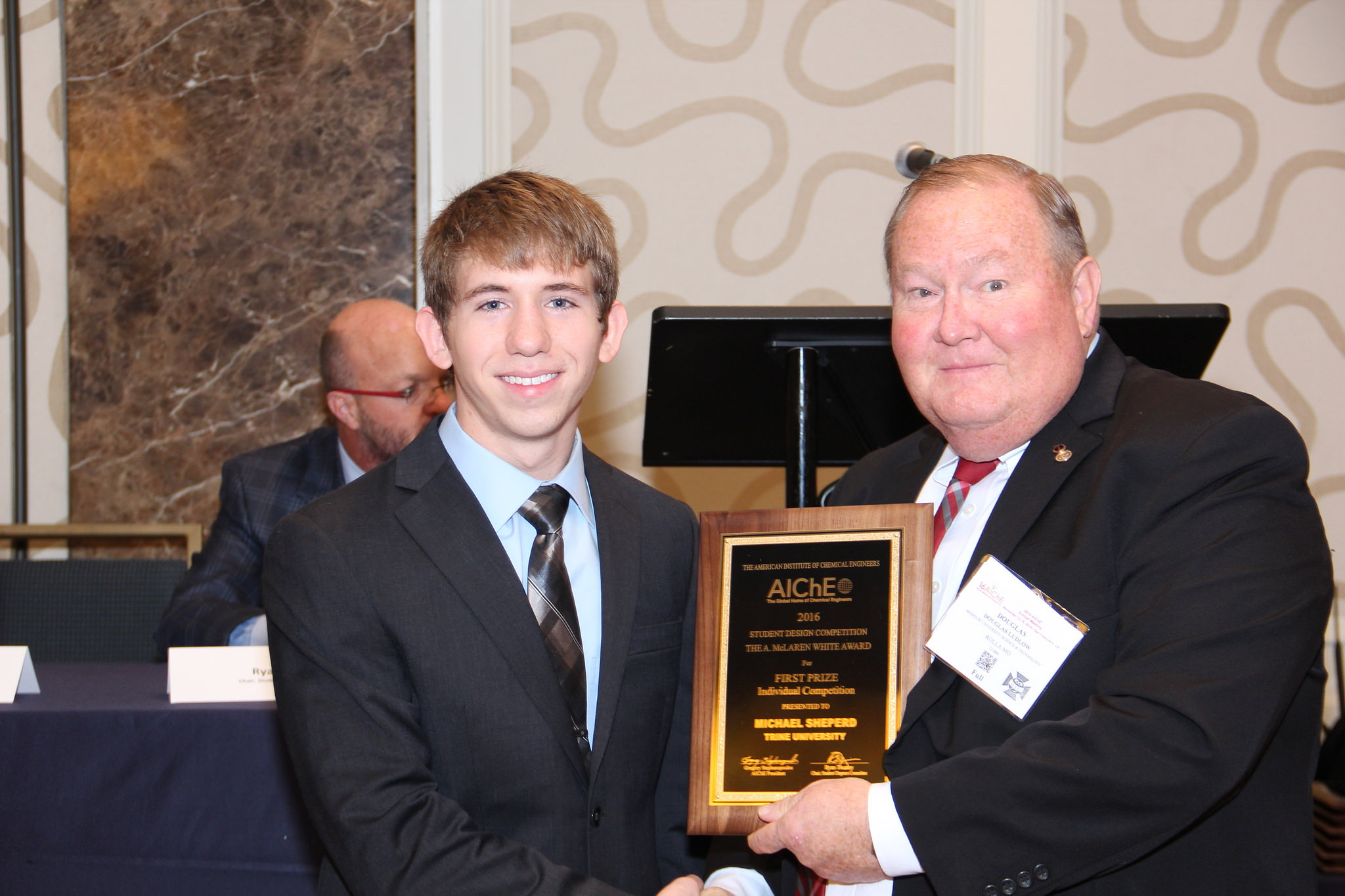 Michael Shepard of Trine University receiving the 2016 McLaren White Student Award