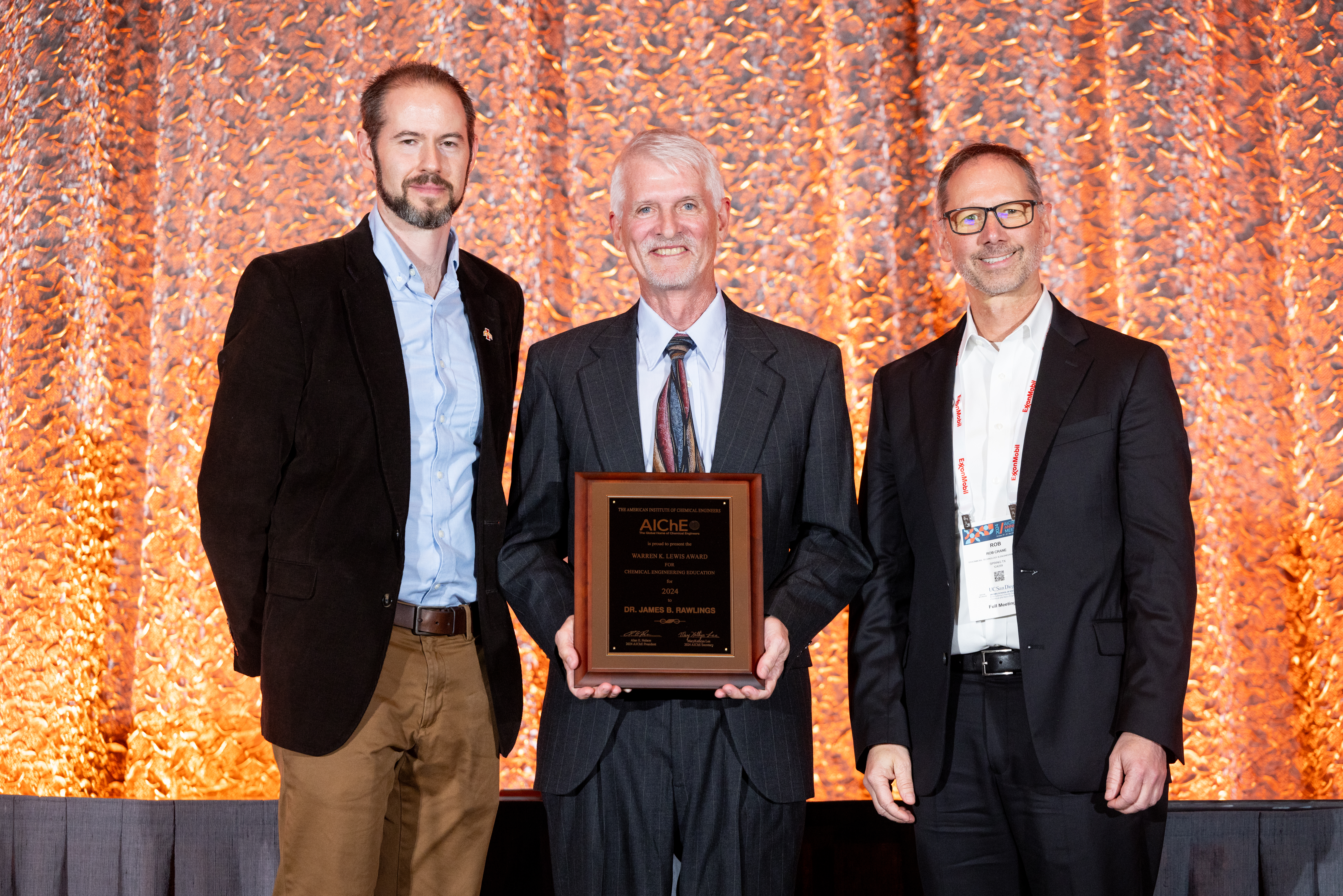 Dr. James B. Rawlings (center) with Awards Selection Committee Chair Nigel Reuel (left) and Robert Crane, ExxonMobil Research & Engineering Company (right)